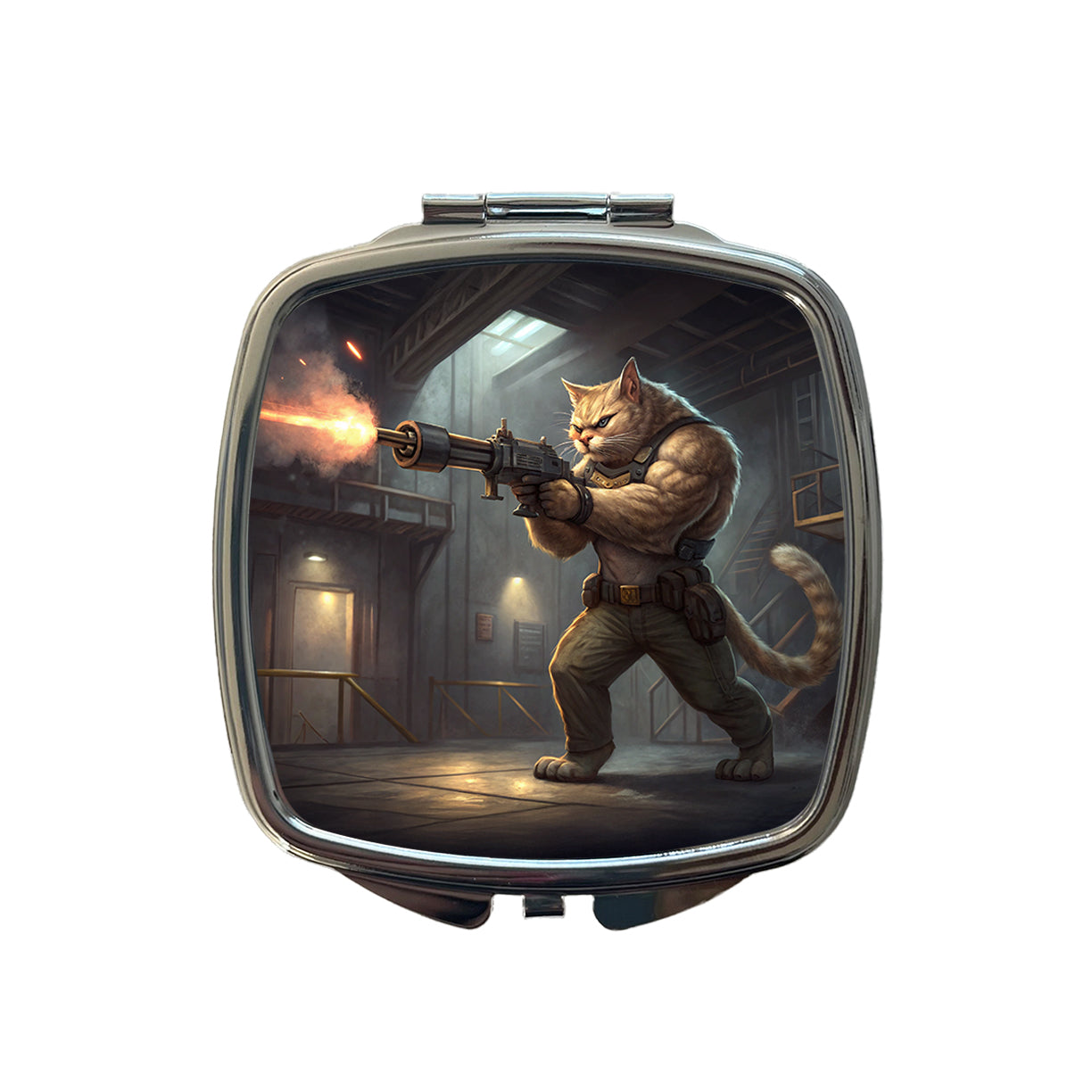 Sci-fi Action Hero Cat Shooting A Machine Gun Small Travel Purse Handbag Pocket Makeup Compact Mirror