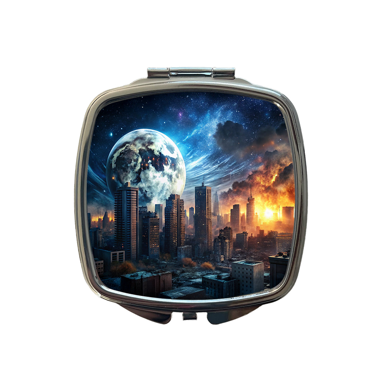 Sci-fi Apocalypse Cityscape City At Night Under a Large Full Moon Small Travel Purse Handbag Pocket Makeup Compact Mirror