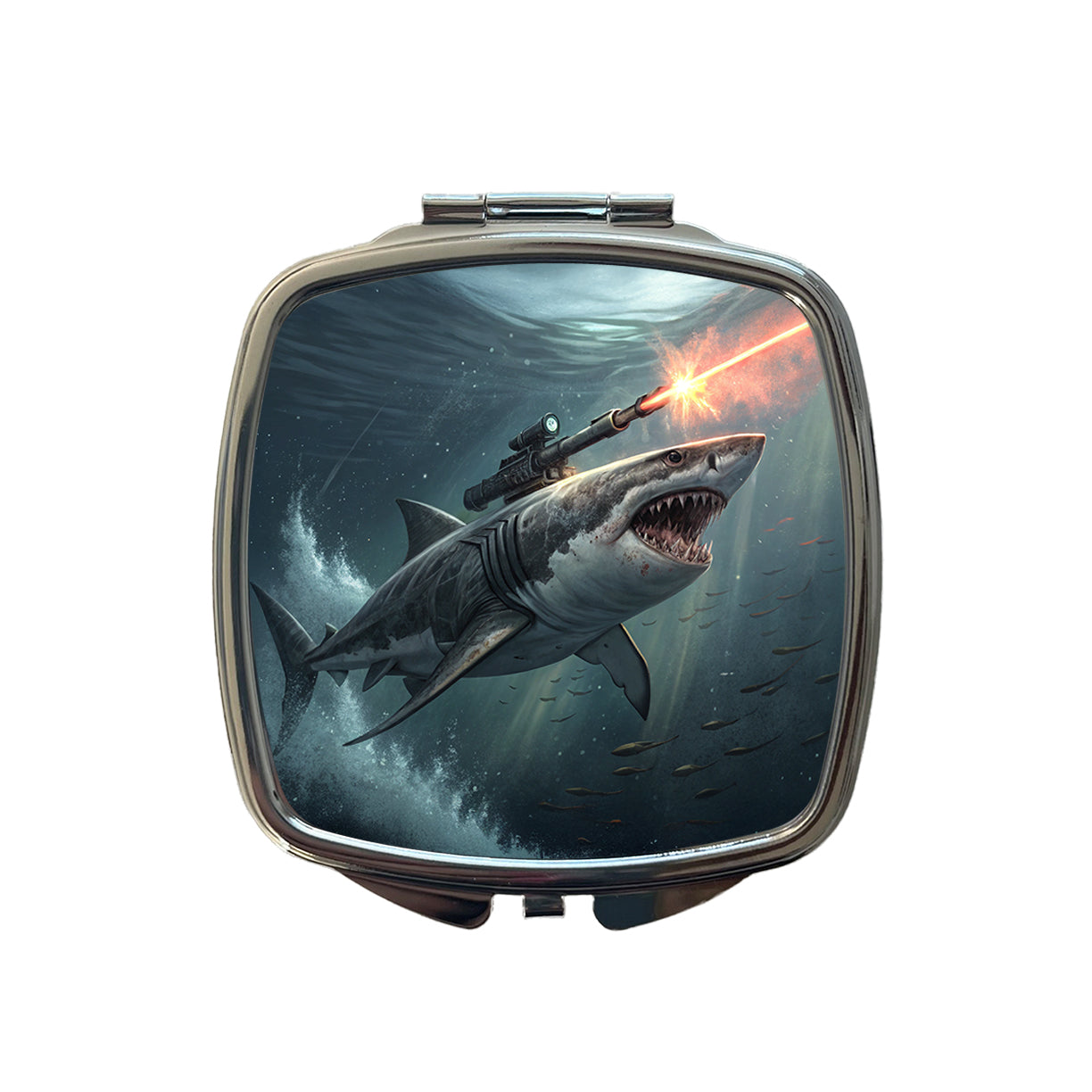 Shark With Laser Gun Mounted On Its Back Small Travel Purse Handbag Pocket Makeup Compact Mirror