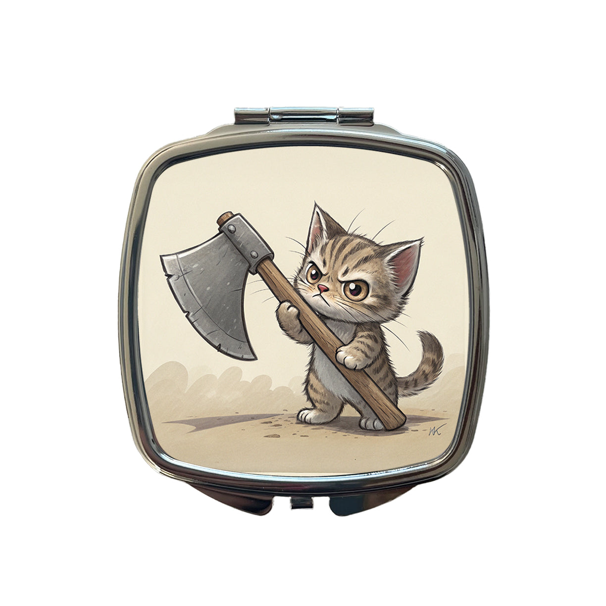 Small Cat Kitten Wielding a Large Axe Funny Fantasy Small Travel Purse Handbag Pocket Makeup Compact Mirror