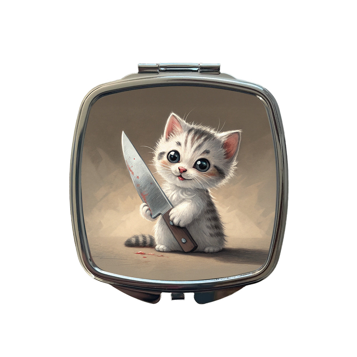 Small Cute Cat Kitten with a Butcher Knife Funny Small Travel Purse Handbag Pocket Makeup Compact Mirror