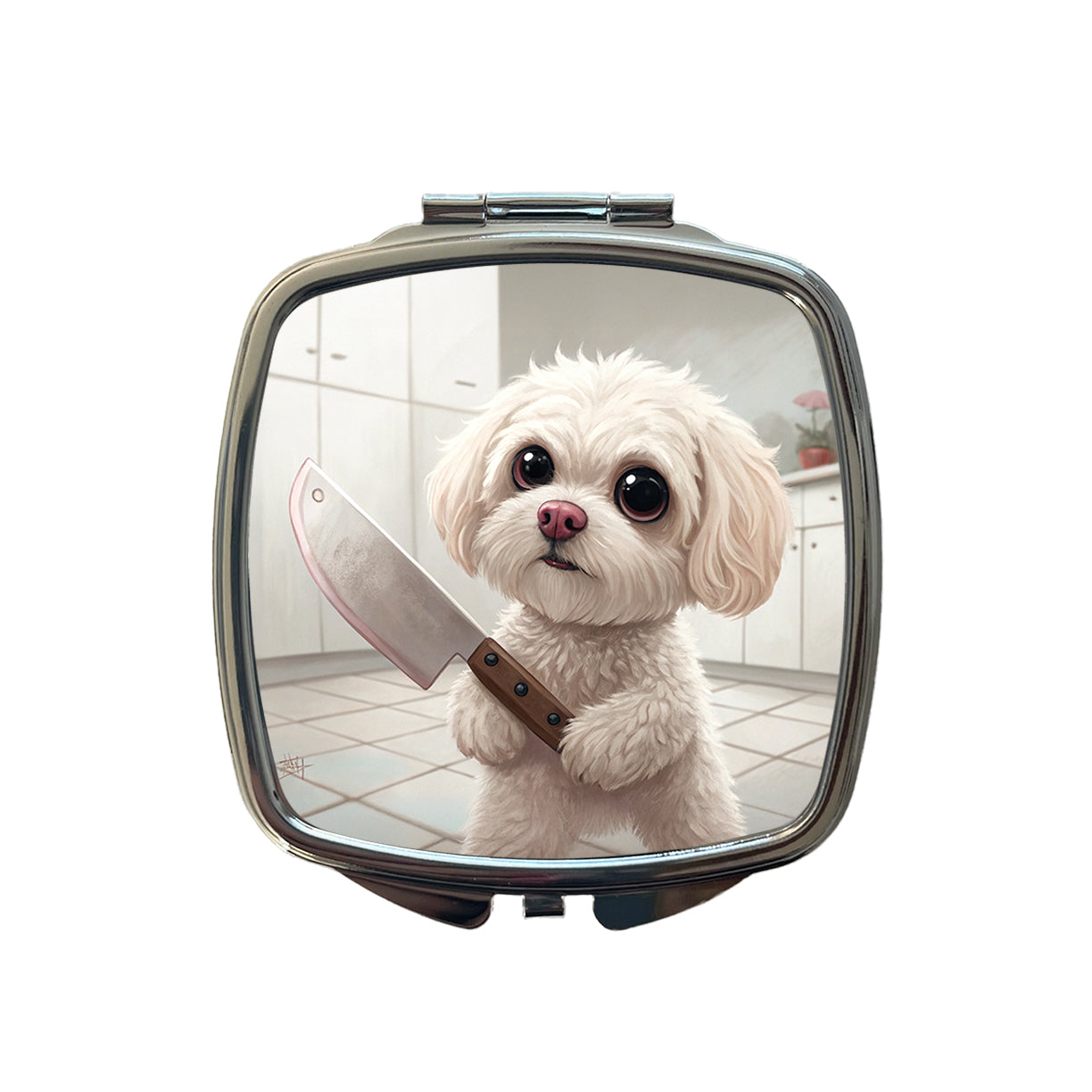 Small Fluffy Dog with a Butcher Knife Funny Scary Halloween Small Travel Purse Handbag Pocket Makeup Compact Mirror