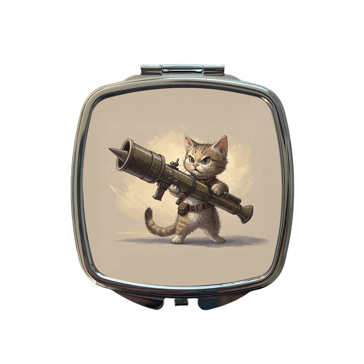 Small Fuzzy Cat Kitten with a Rocket Launcher Funny Small Travel Purse Handbag Pocket Makeup Compact Mirror