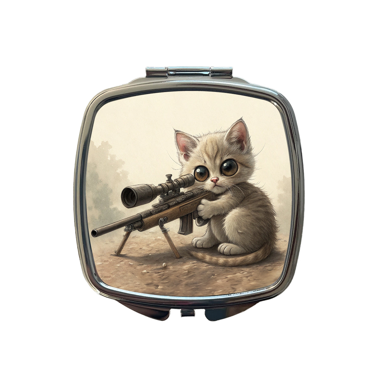 Small Fuzzy Cat Kitten With A Sniper Rifle Funny Small Travel Purse Handbag Pocket Makeup Compact Mirror