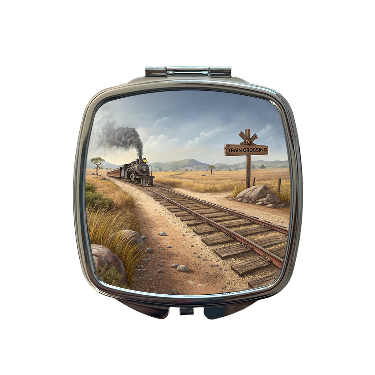 Steam Locomotive Train Crossing Old West Western Small Travel Purse Handbag Pocket Makeup Compact Mirror