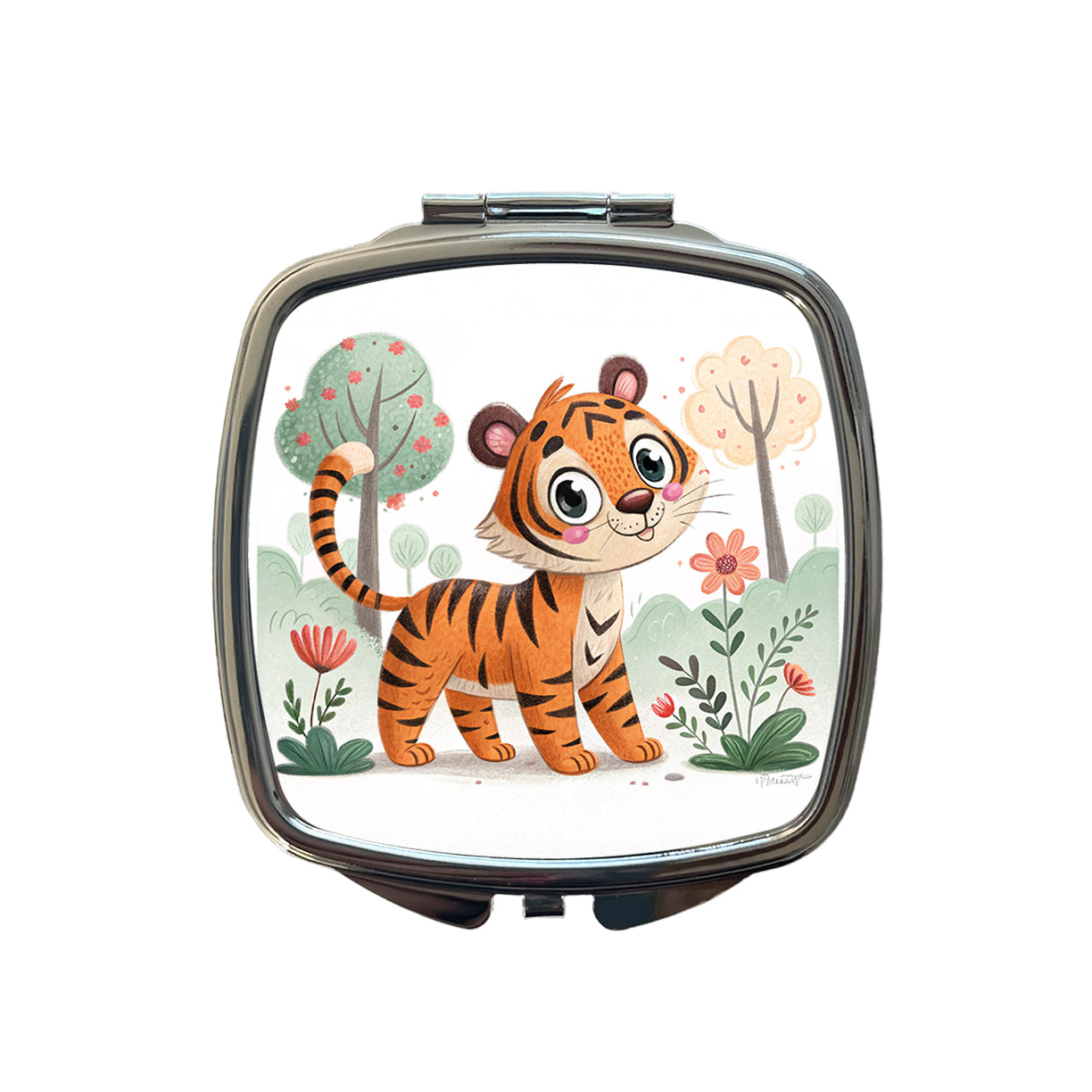 Tiger Children's Illustration Style Small Travel Purse Handbag Pocket Makeup Compact Mirror