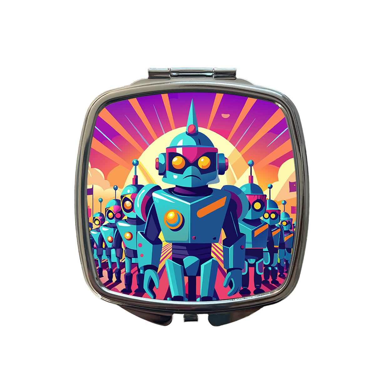 Vibrant Colored Sci-fi Robot Army Marching Small Travel Purse Handbag Pocket Makeup Compact Mirror