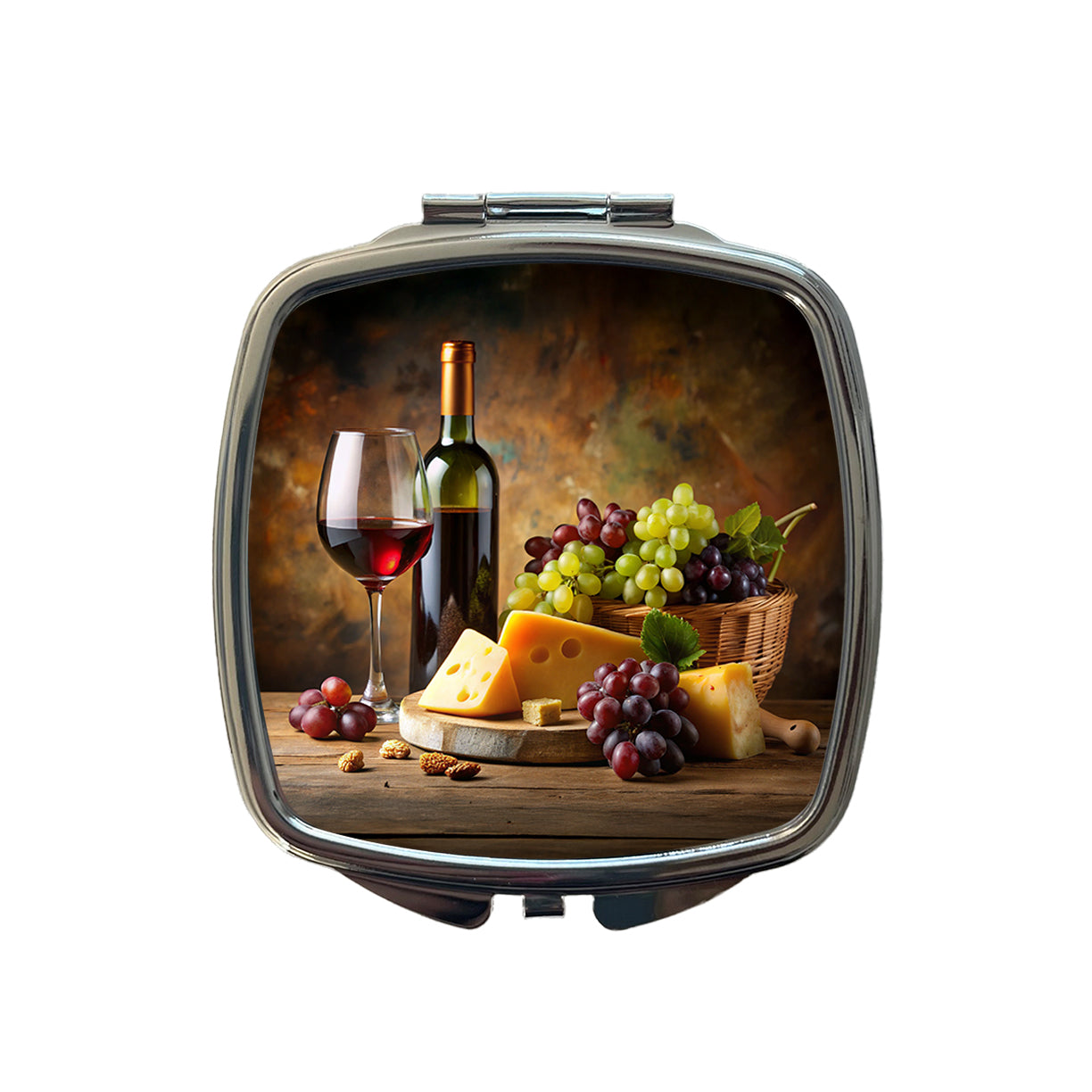 Wine Cheese Grapes Rustic Setting Small Travel Purse Handbag Pocket Makeup Compact Mirror