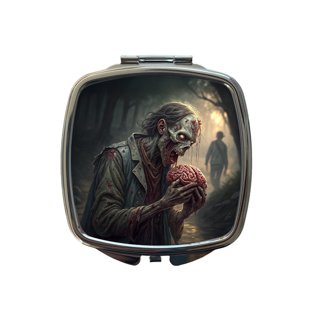 Zombie Eating Yummy Brains Funny Halloween Small Travel Purse Handbag Pocket Makeup Compact Mirror