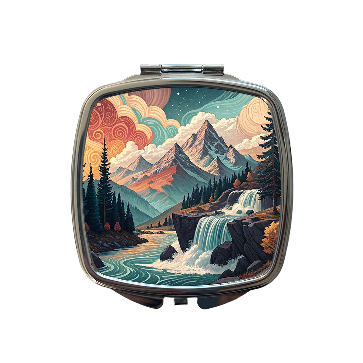 Abstract Mountains Waterfalls Landscape Small Travel Purse Handbag Pocket Makeup Compact Mirror