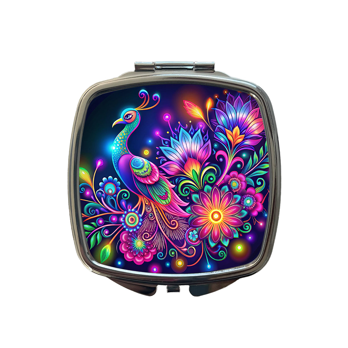 Abstract Neon Peacock Floral Design Small Travel Purse Handbag Pocket Makeup Compact Mirror