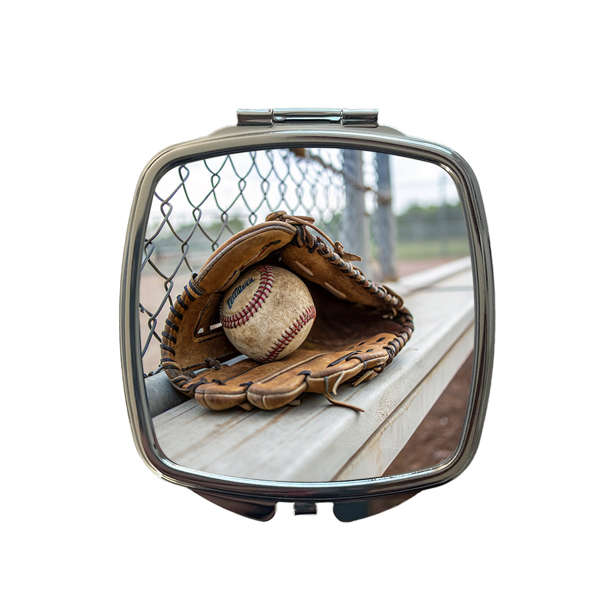 Baseball Glove With Baseball on Dugout Bench Small Travel Purse Handbag Pocket Makeup Compact Mirror