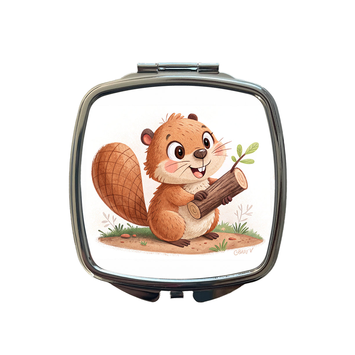 Beaver Children's Illustration Style Small Travel Purse Handbag Pocket Makeup Compact Mirror