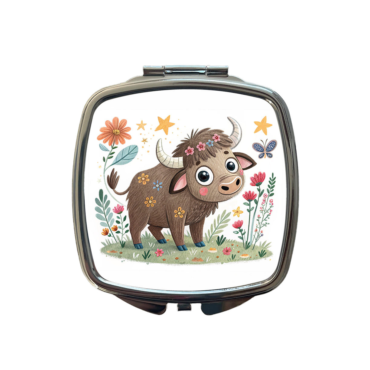 Bison Buffalo Children's Illustration Style Small Travel Purse Handbag Pocket Makeup Compact Mirror