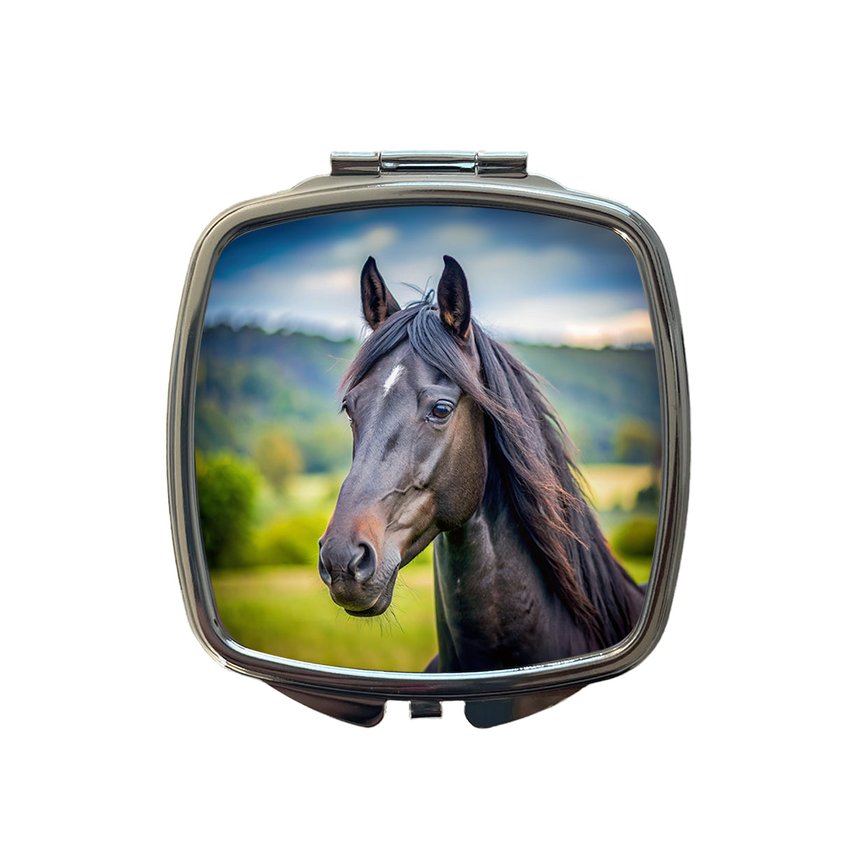 Black Horse Face Small Travel Purse Handbag Pocket Makeup Compact Mirror