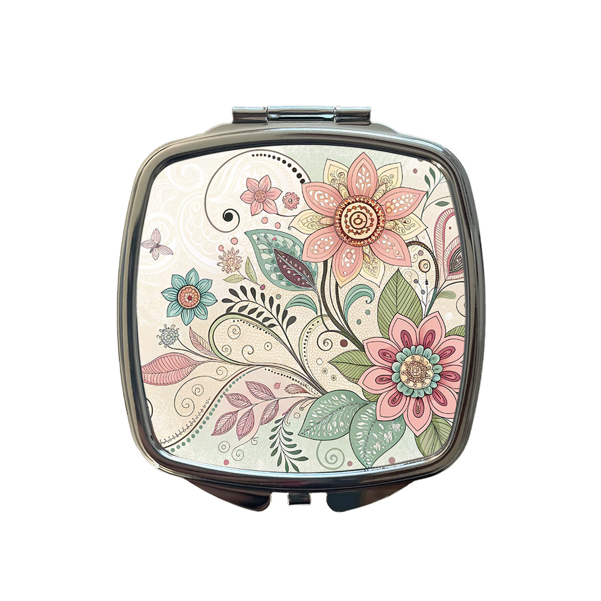Boho Floral Flowers Leaves Small Travel Purse Handbag Pocket Makeup Compact Mirror