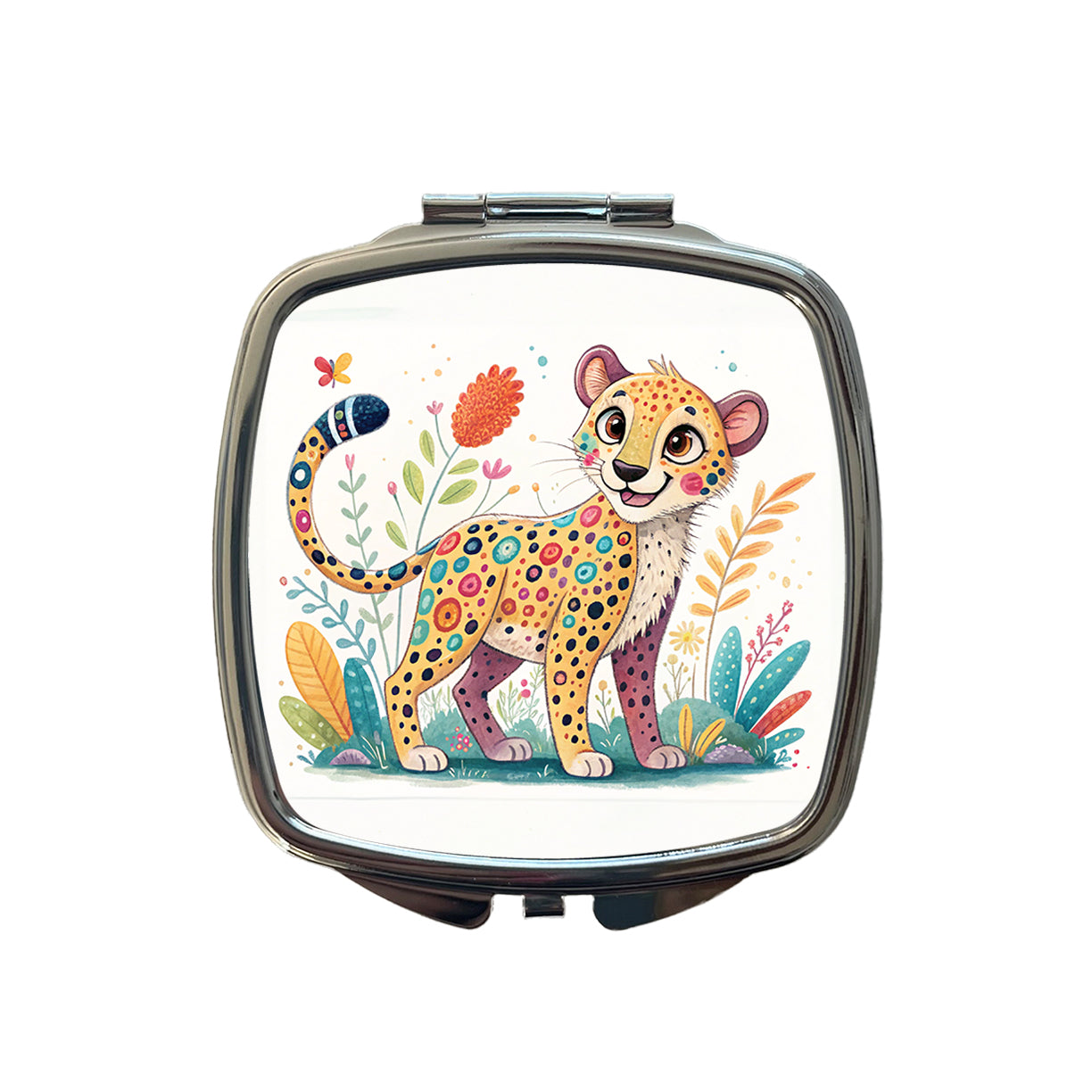 Cheetah Children's Illustration Style Small Travel Purse Handbag Pocket Makeup Compact Mirror