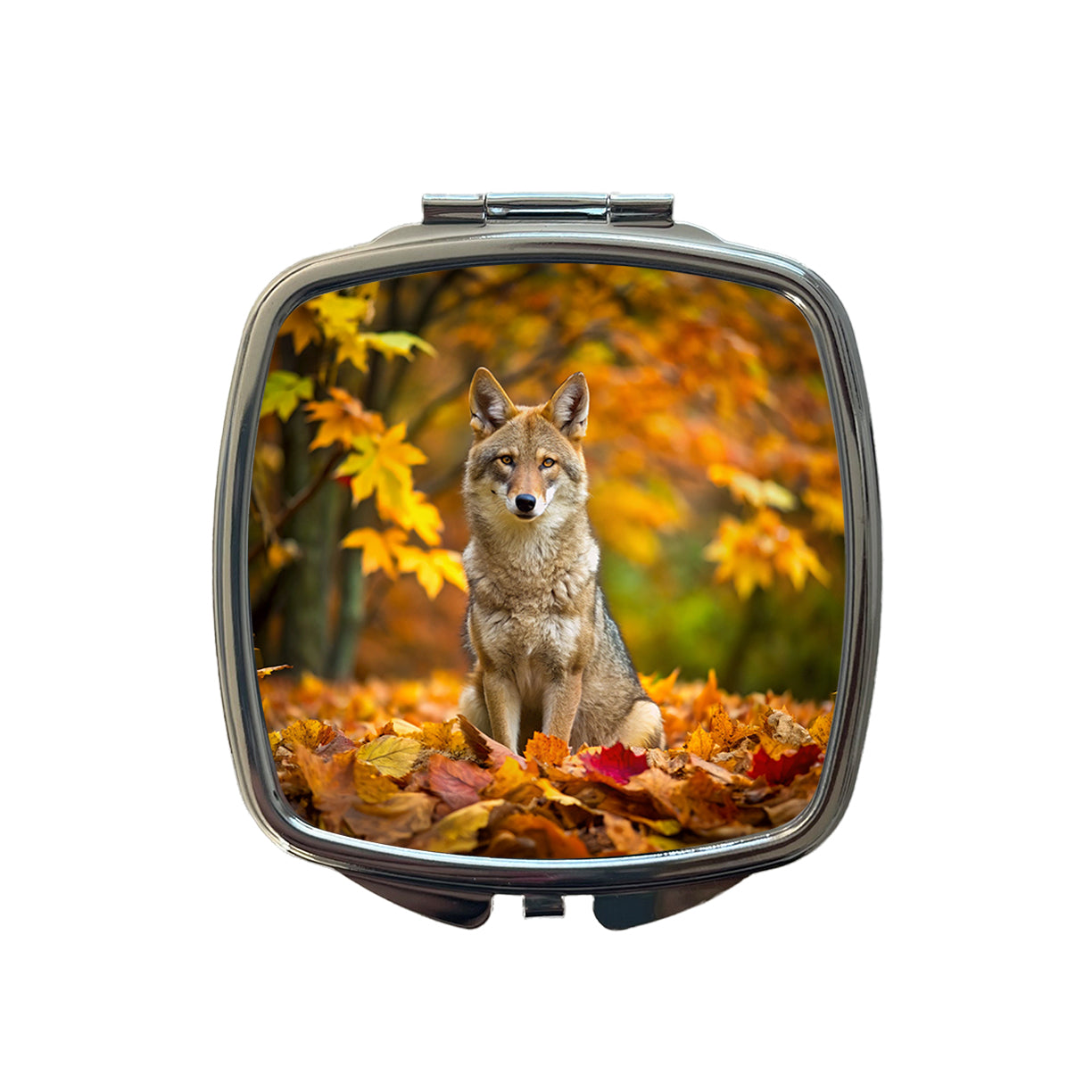 Coyote Sitting In The Fall Leaves Small Travel Purse Handbag Pocket Makeup Compact Mirror