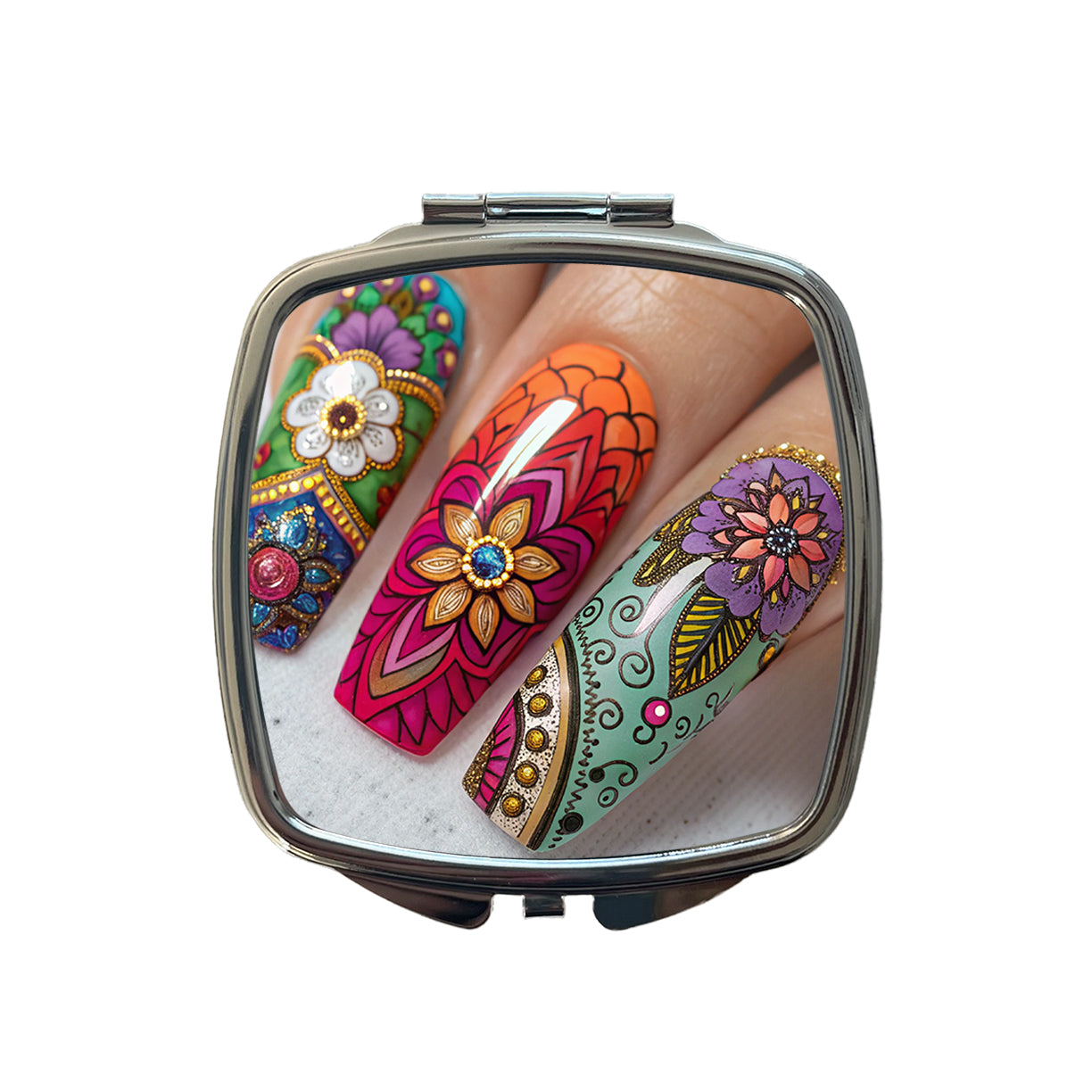 Elaborately Painted Decorated Finger Nails Small Travel Purse Handbag Pocket Makeup Compact Mirror