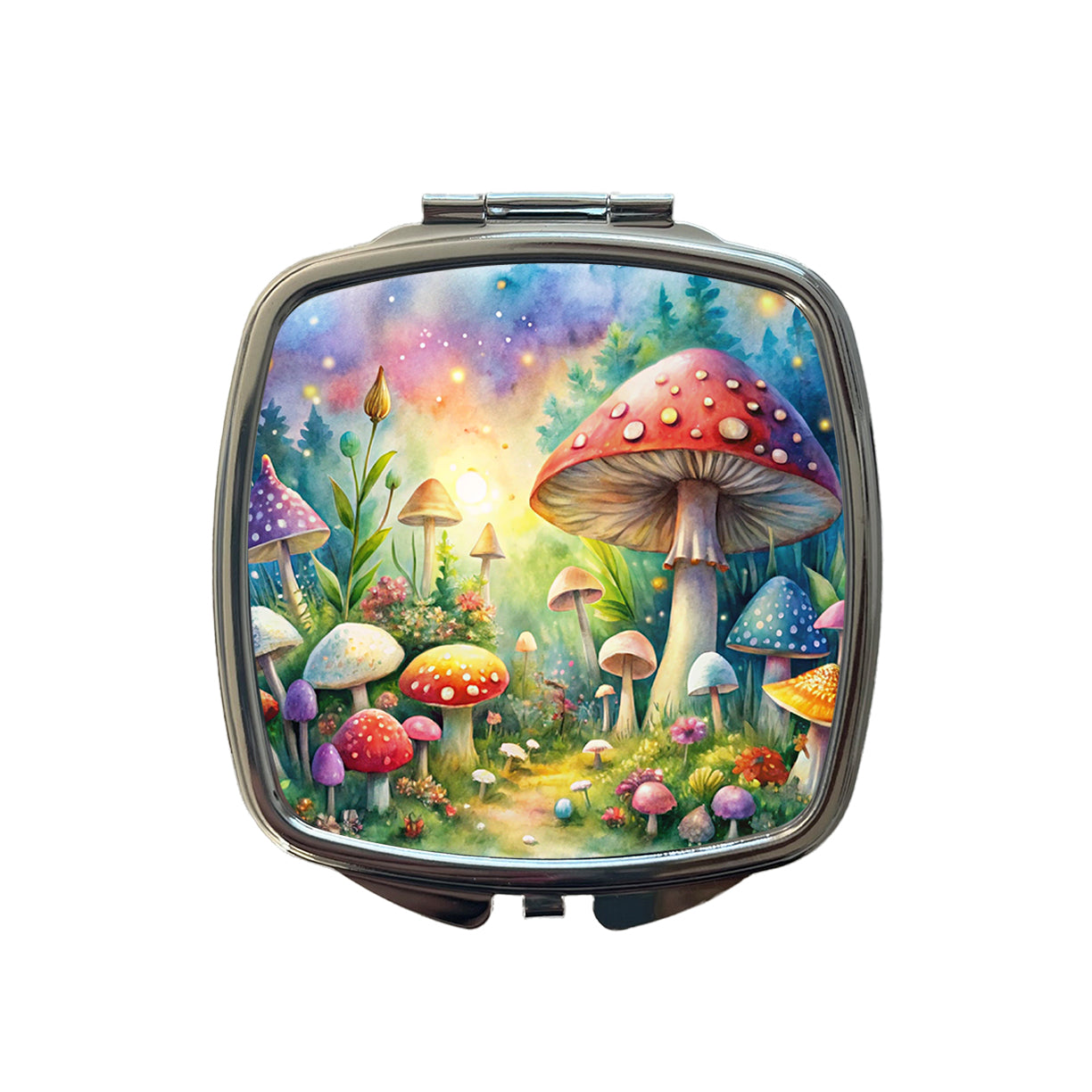 Fantastical Magical Mushroom Garden Watercolor Small Travel Purse Handbag Pocket Makeup Compact Mirror