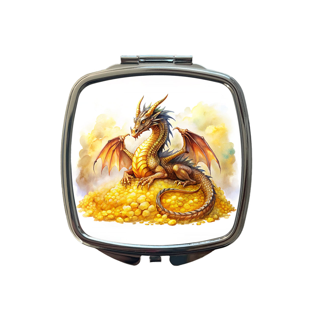 Fantasy Dragon Laying on Gold Watercolor Small Travel Purse Handbag Pocket Makeup Compact Mirror