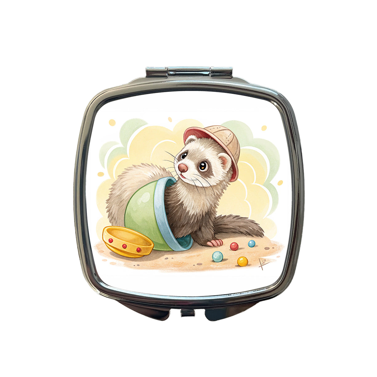 Ferret Children's Illustration Style Small Travel Purse Handbag Pocket Makeup Compact Mirror