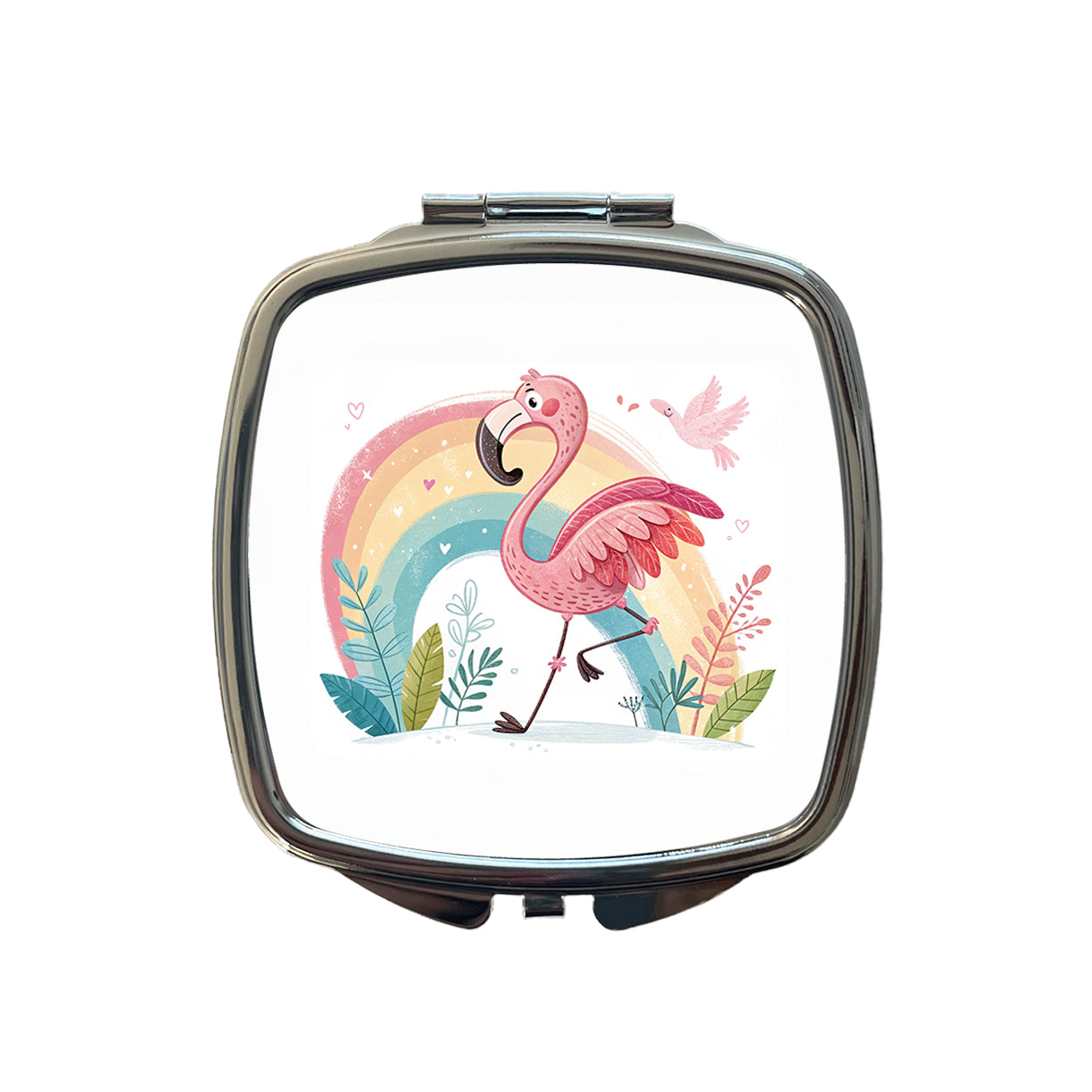 Flamingo and Rainbow Children's Illustration Style Small Travel Purse Handbag Pocket Makeup Compact Mirror
