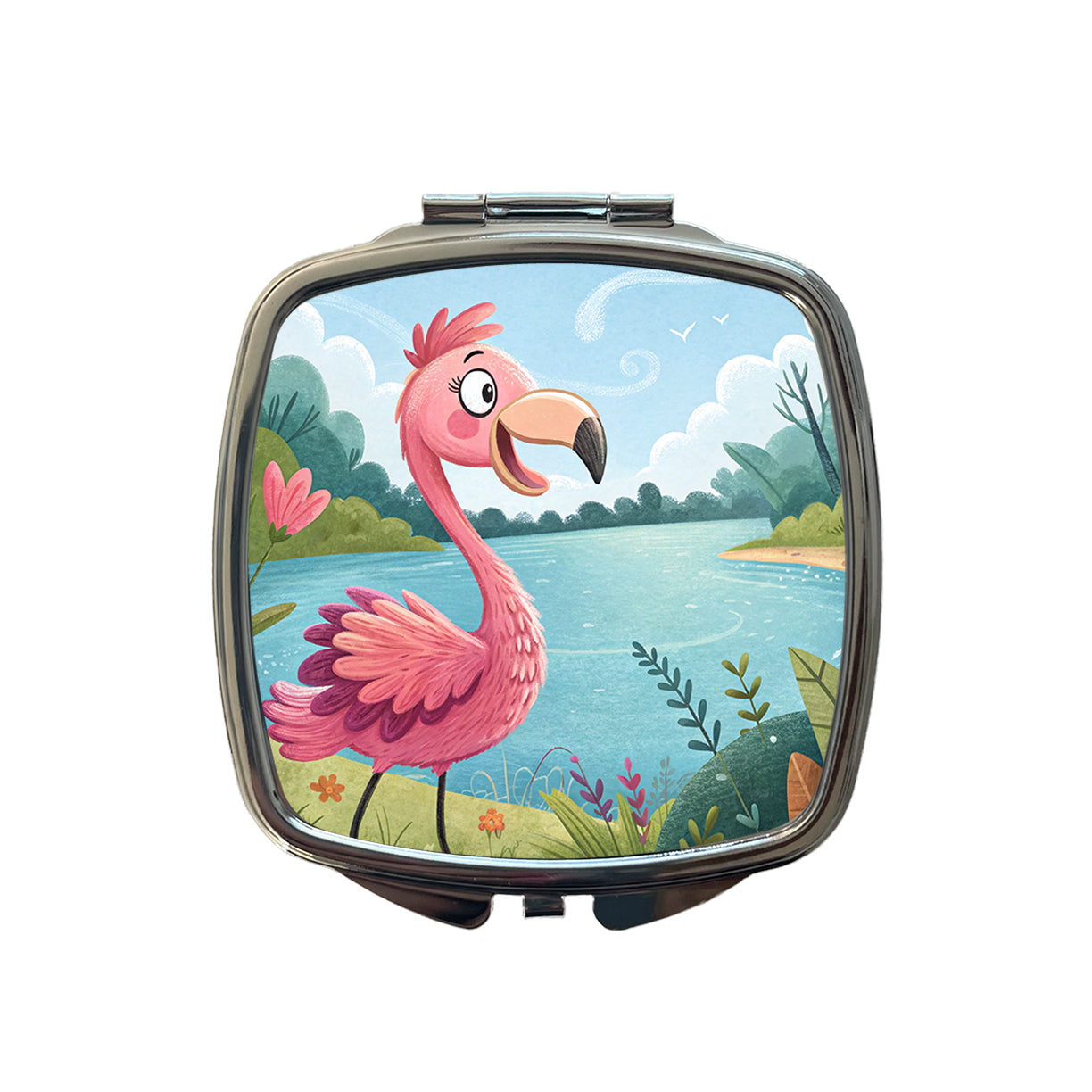 Flamingo Children's Illustration Style Small Travel Purse Handbag Pocket Makeup Compact Mirror