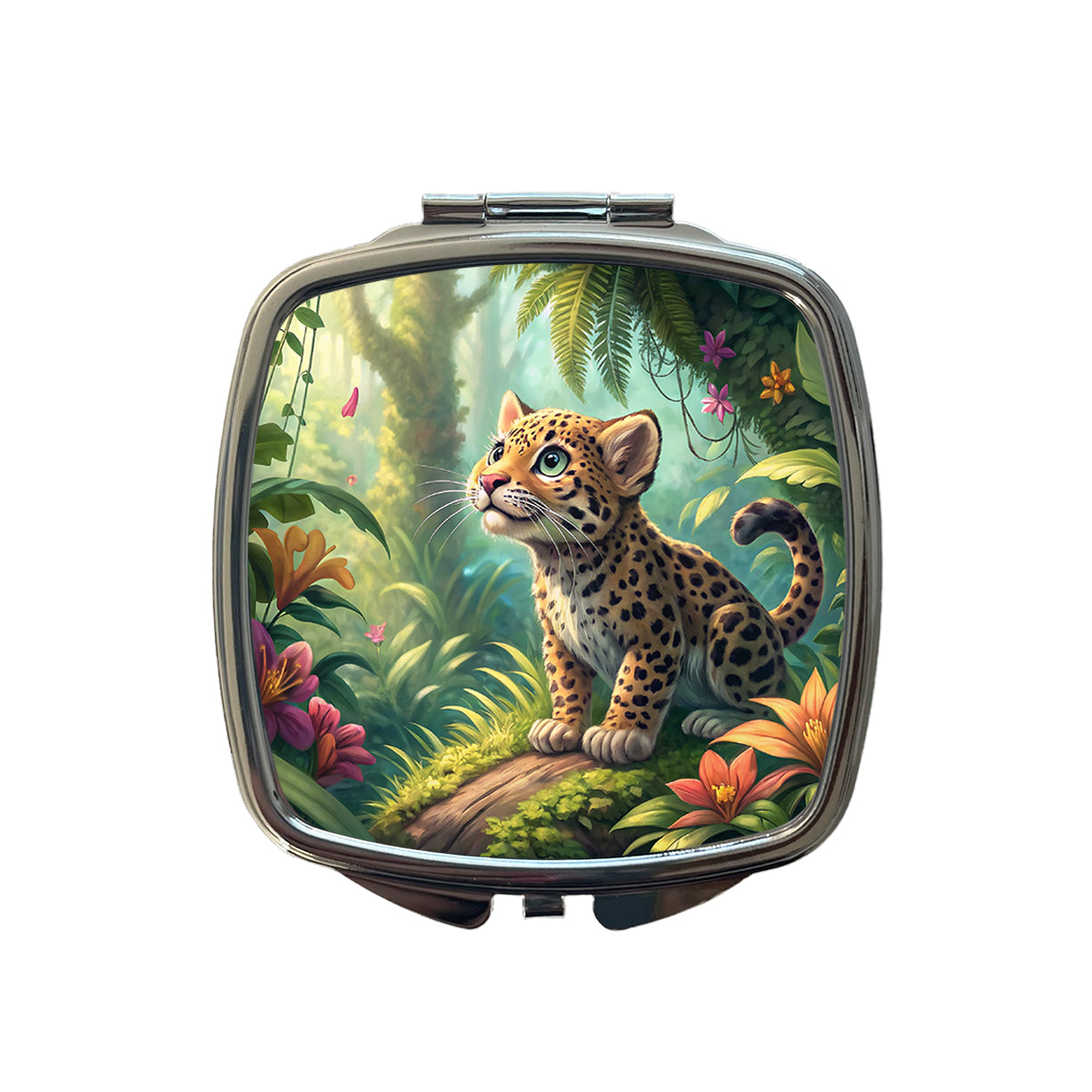 Jaguar Cat In Jungle Children's Illustration Style Small Travel Purse Handbag Pocket Makeup Compact Mirror