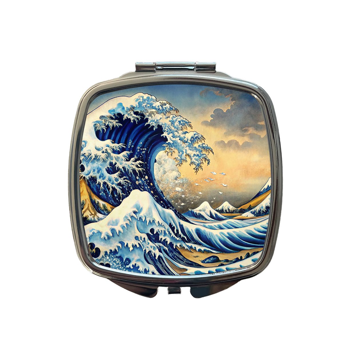 Japanese Blue Ocean Waves Ink Painting Small Travel Purse Handbag Pocket Makeup Compact Mirror