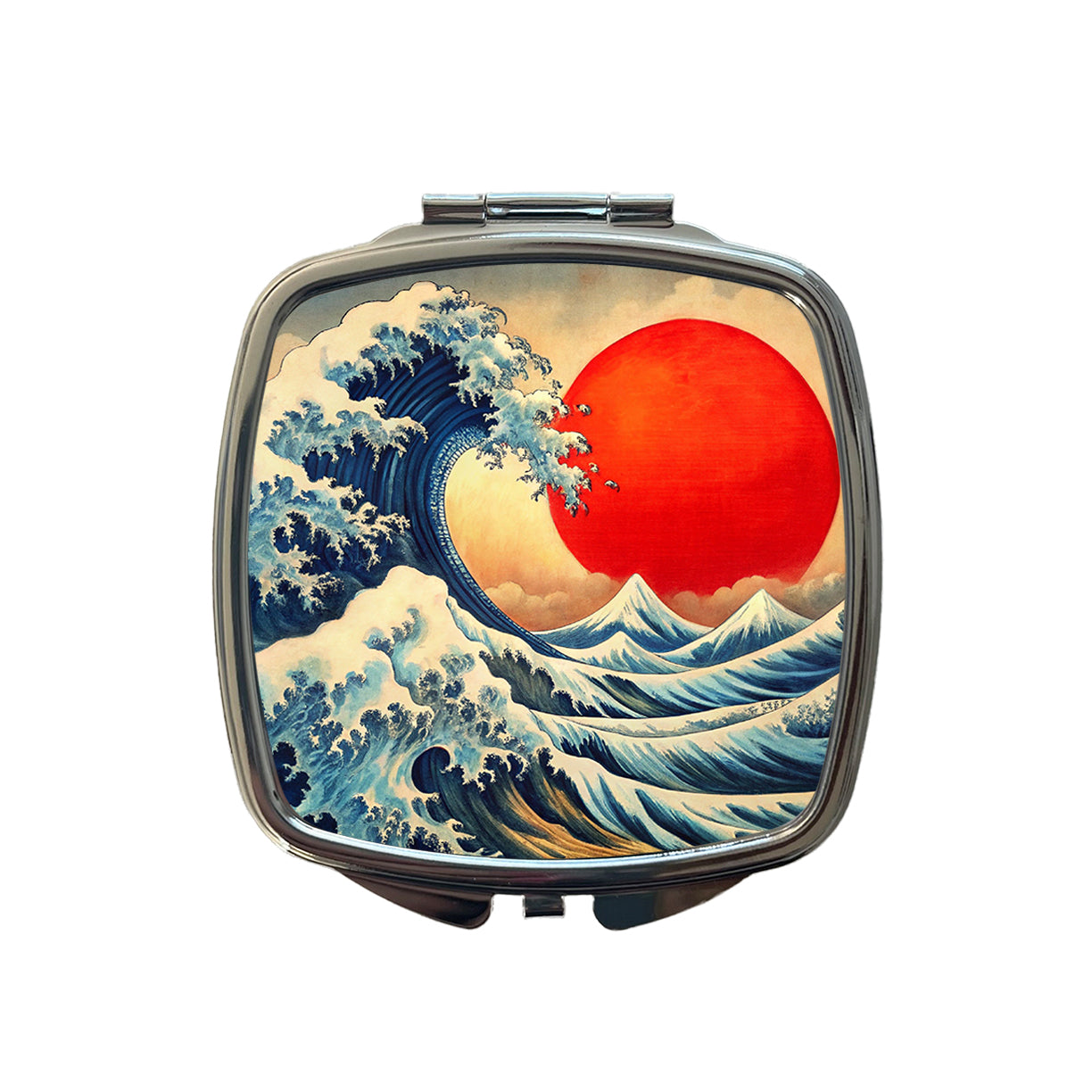 Japanese Blue Ocean Waves Large Red Sun Ink Painting Small Travel Purse Handbag Pocket Makeup Compact Mirror