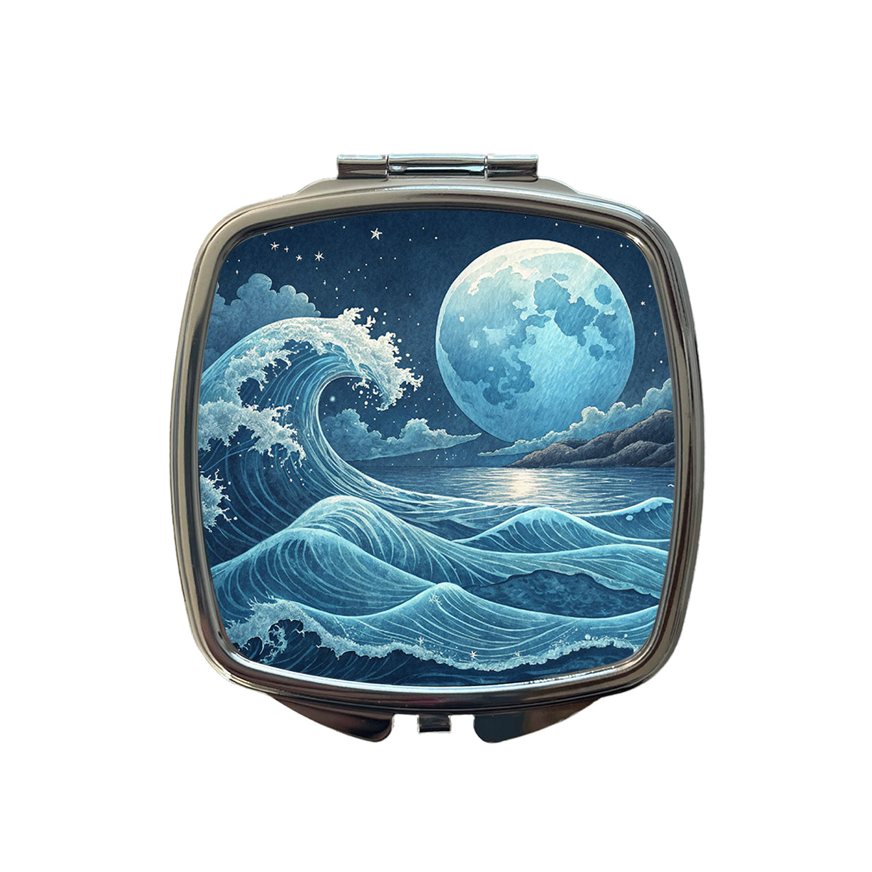 Japanese Ocean Waves Under Large Moon Small Travel Purse Handbag Pocket Makeup Compact Mirror