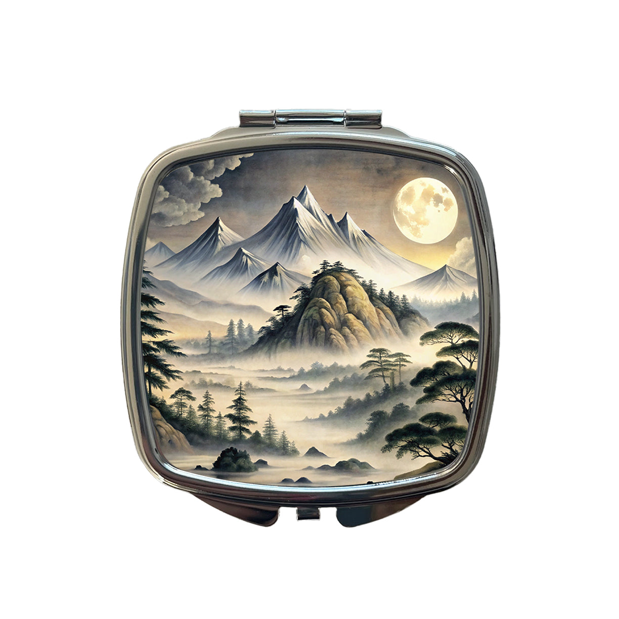 Japanese Style Ink Painting Landscape Misty Mountains Large Moon Small Travel Purse Handbag Pocket Makeup Compact Mirror