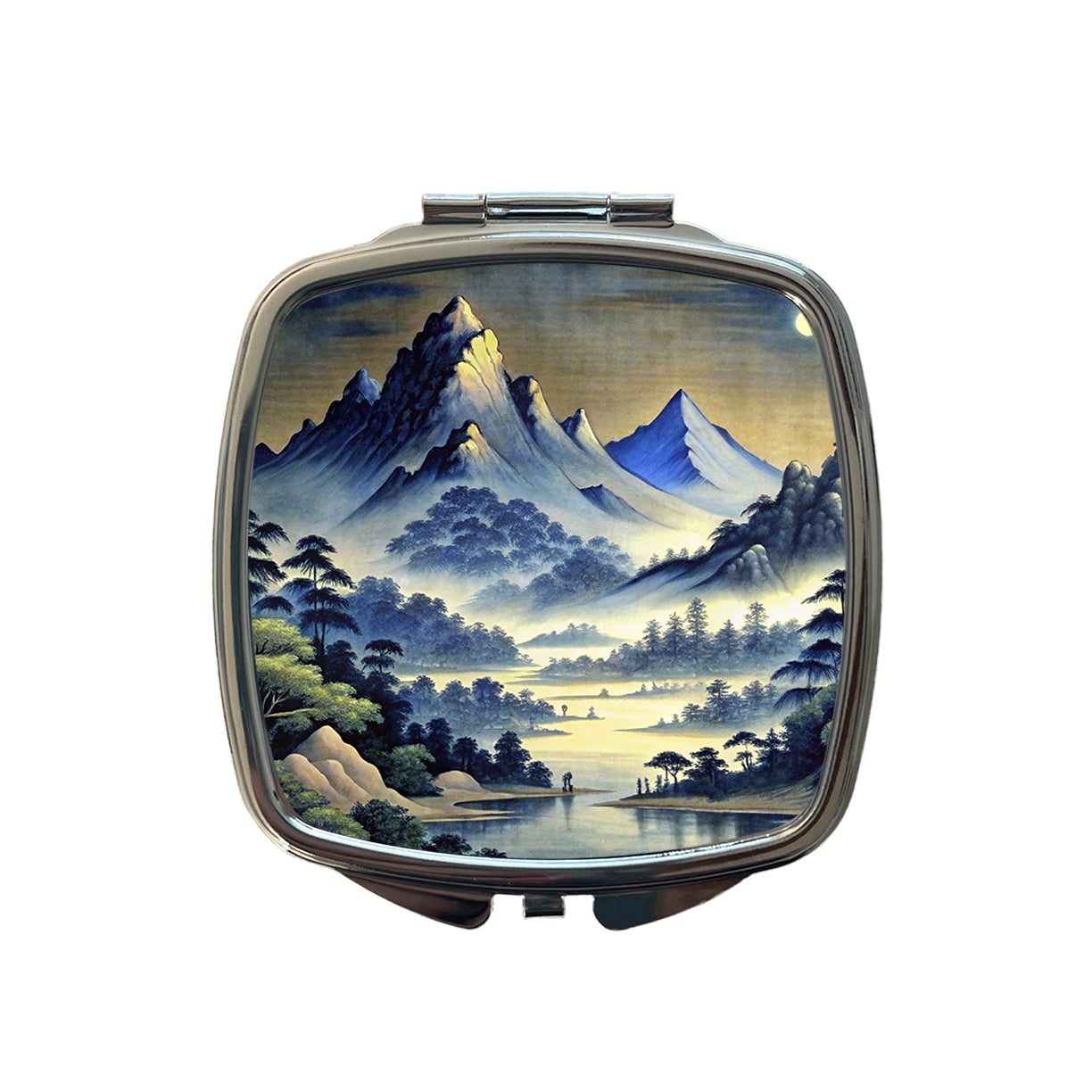 Japanese Style Ink Painting Landscape Mountains At Night Small Travel Purse Handbag Pocket Makeup Compact Mirror