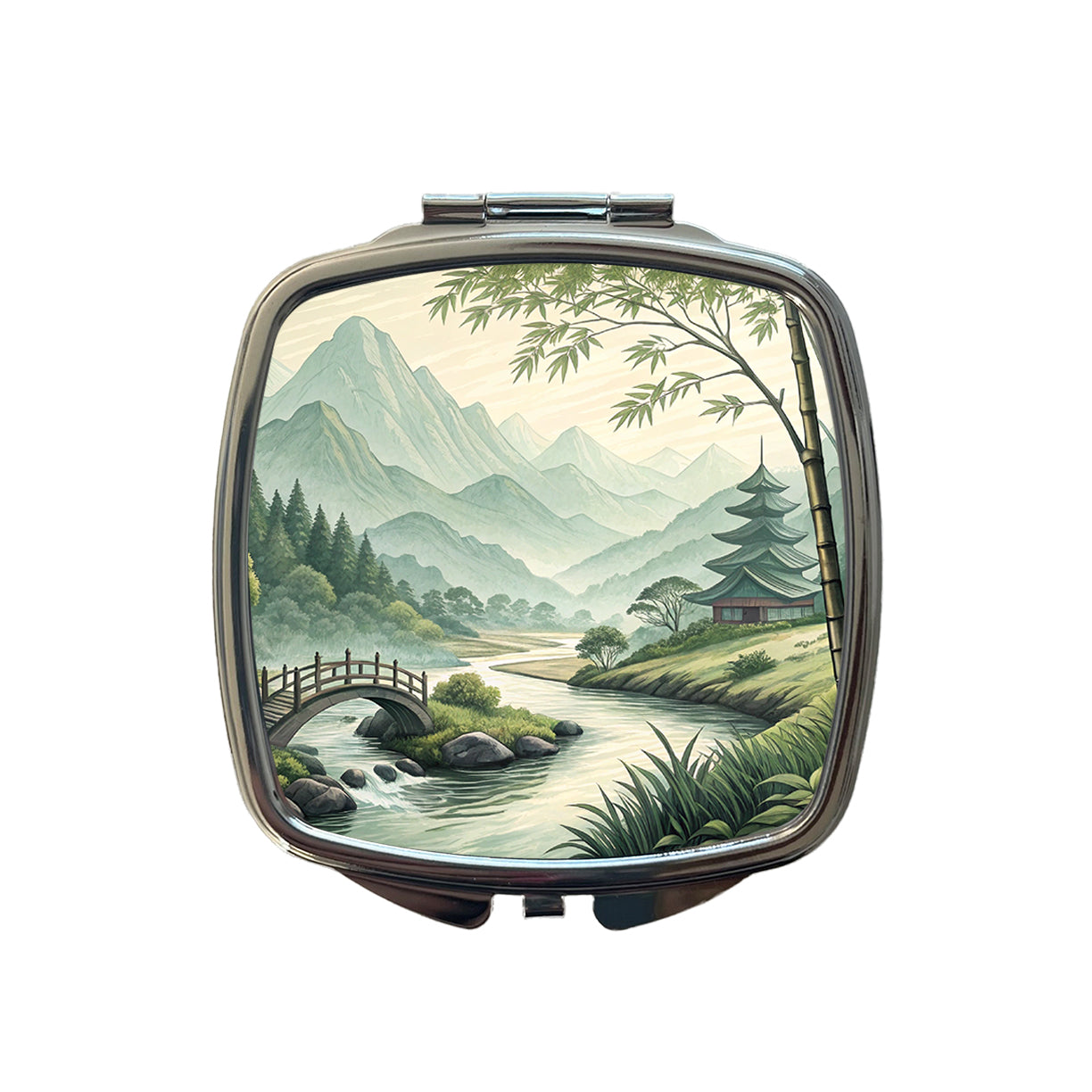 Japanese Style Ink Painting Landscape Small Travel Purse Handbag Pocket Makeup Compact Mirror