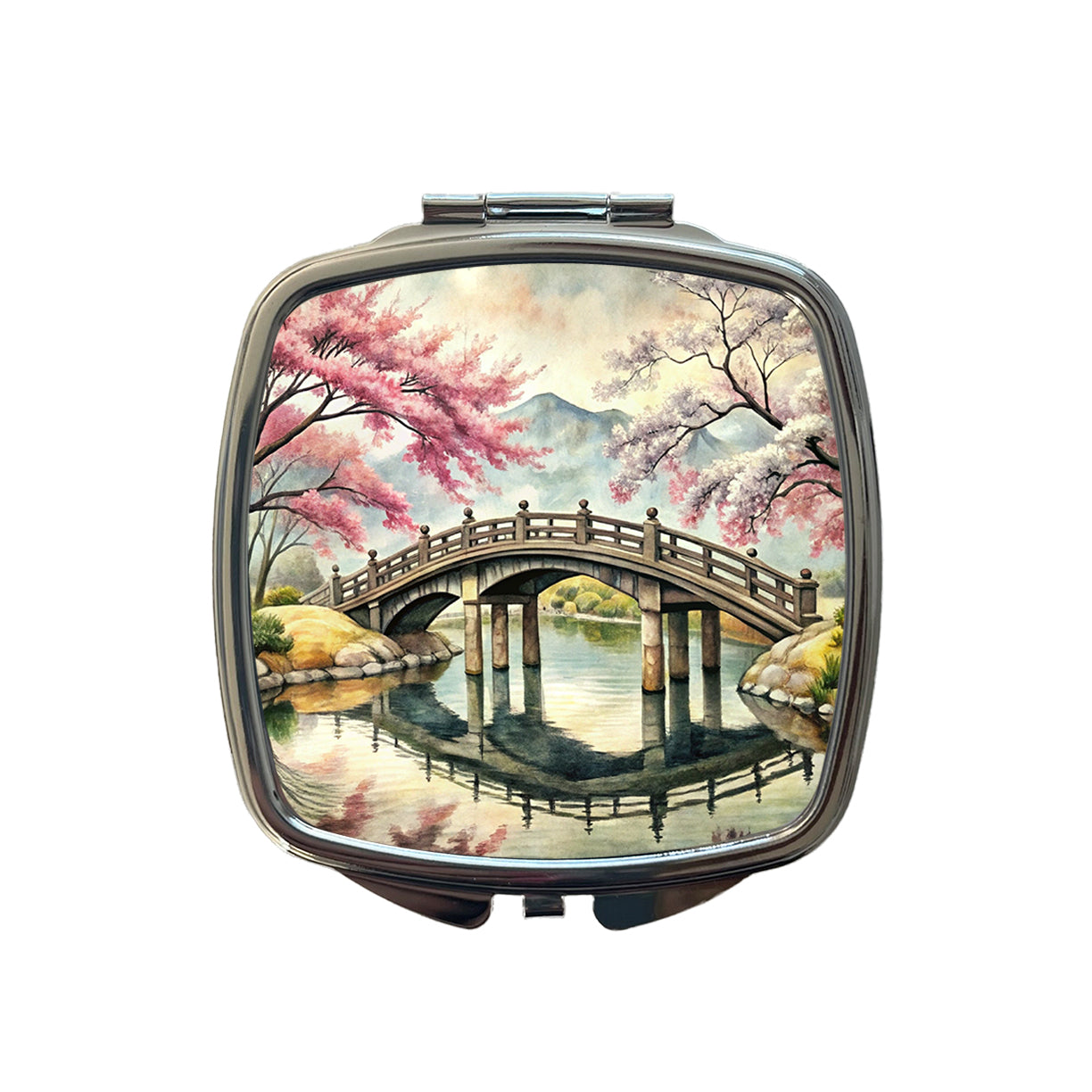 Japanese Style Ink Painting Sakura Trees Bridge Water Landscape Small Travel Purse Handbag Pocket Makeup Compact Mirror