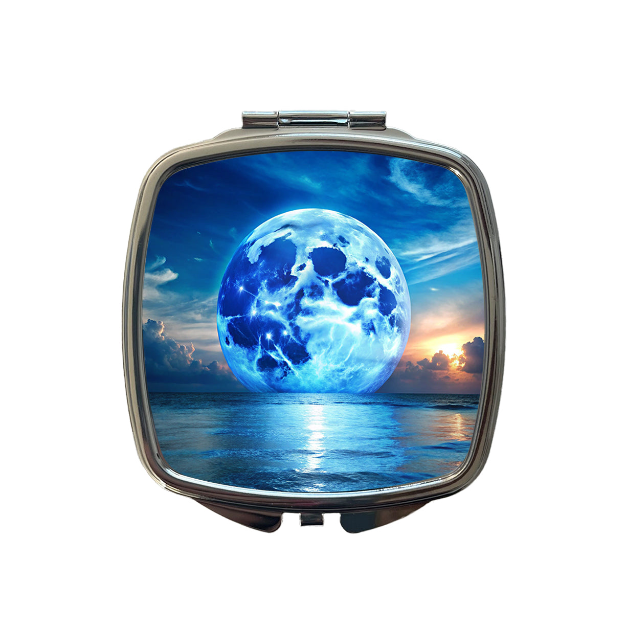 Large Blue Moon Over The Ocean Horizon Small Travel Purse Handbag Pocket Makeup Compact Mirror