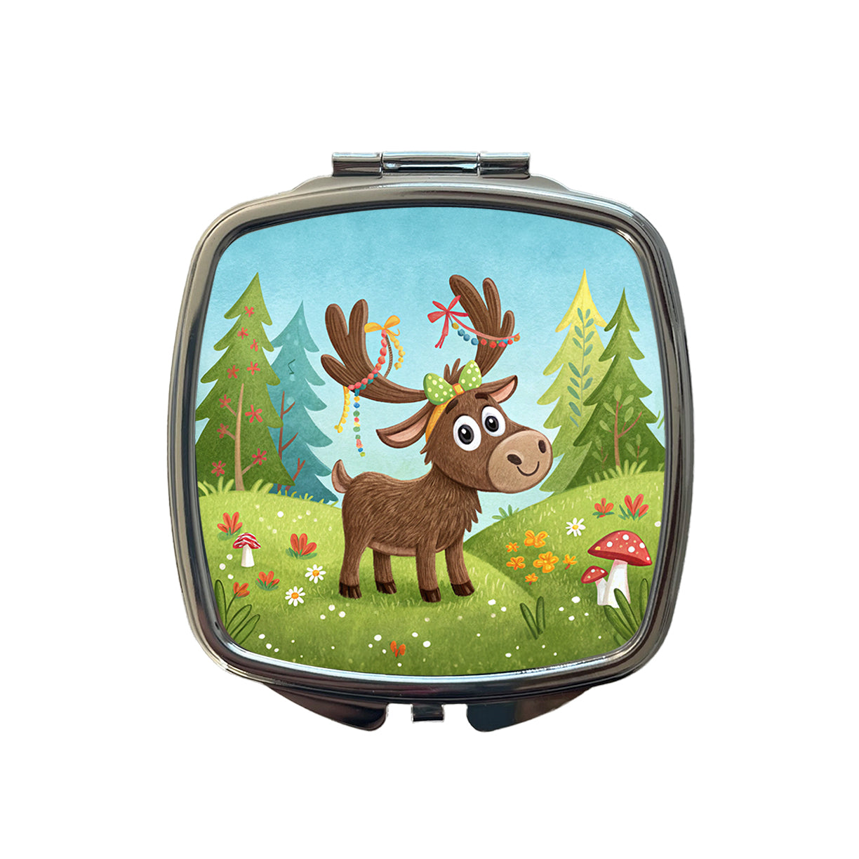 Moose Children's Illustration Style Small Travel Purse Handbag Pocket Makeup Compact Mirror