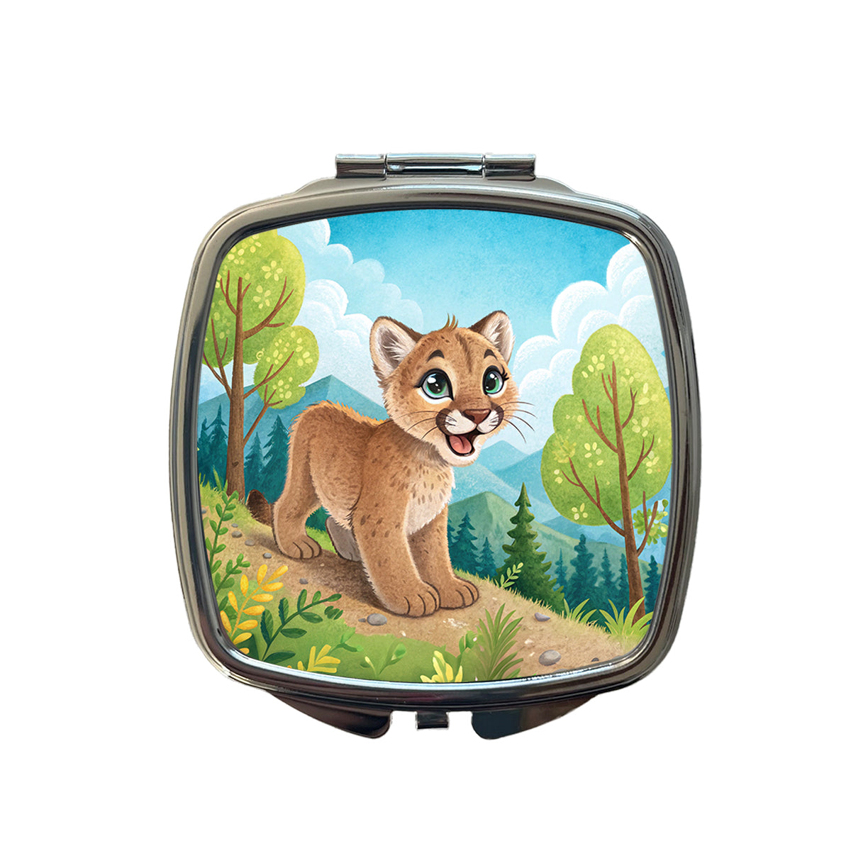 Mountain Lion Cougar Children's Illustration Style Small Travel Purse Handbag Pocket Makeup Compact Mirror