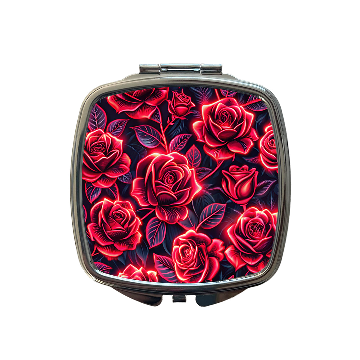 Neon Red Rose Floral Pattern Small Travel Purse Handbag Pocket Makeup Compact Mirror