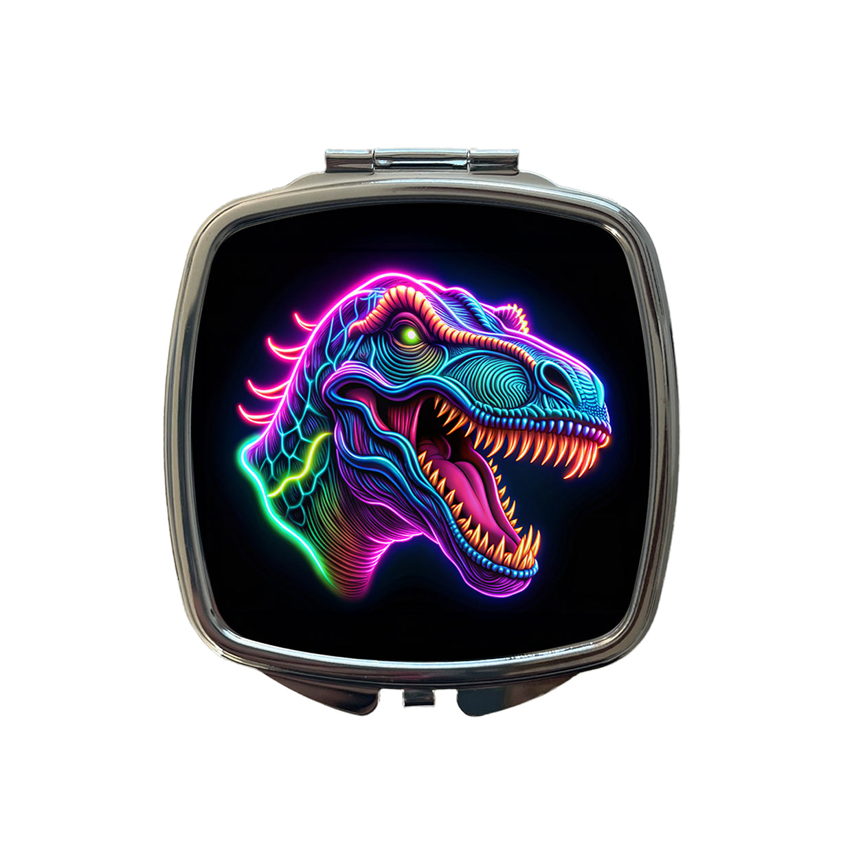Neon T-Rex Dinosaur Head Small Travel Purse Handbag Pocket Makeup Compact Mirror
