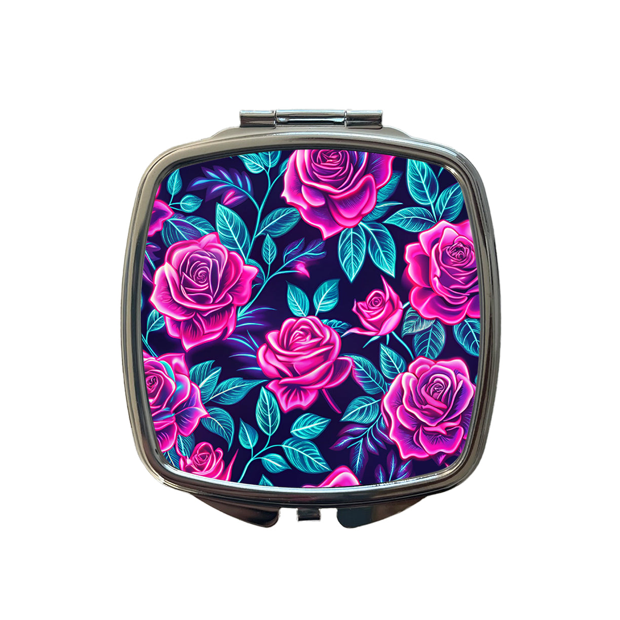 Pink Neon Rose Floral Pattern Small Travel Purse Handbag Pocket Makeup Compact Mirror