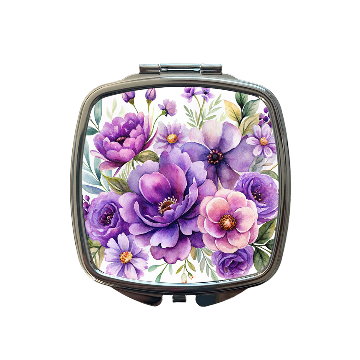 Purple Watercolor Flowers Small Travel Purse Handbag Pocket Makeup Compact Mirror