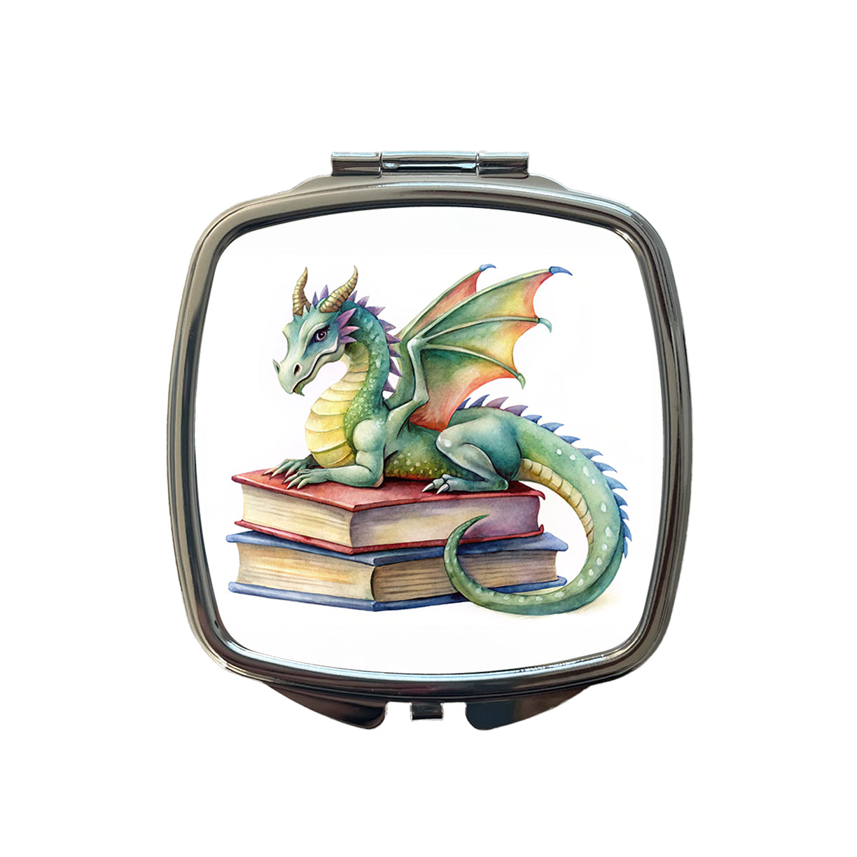 Reading Dragon Laying On Top Books Watercolor Small Travel Purse Handbag Pocket Makeup Compact Mirror