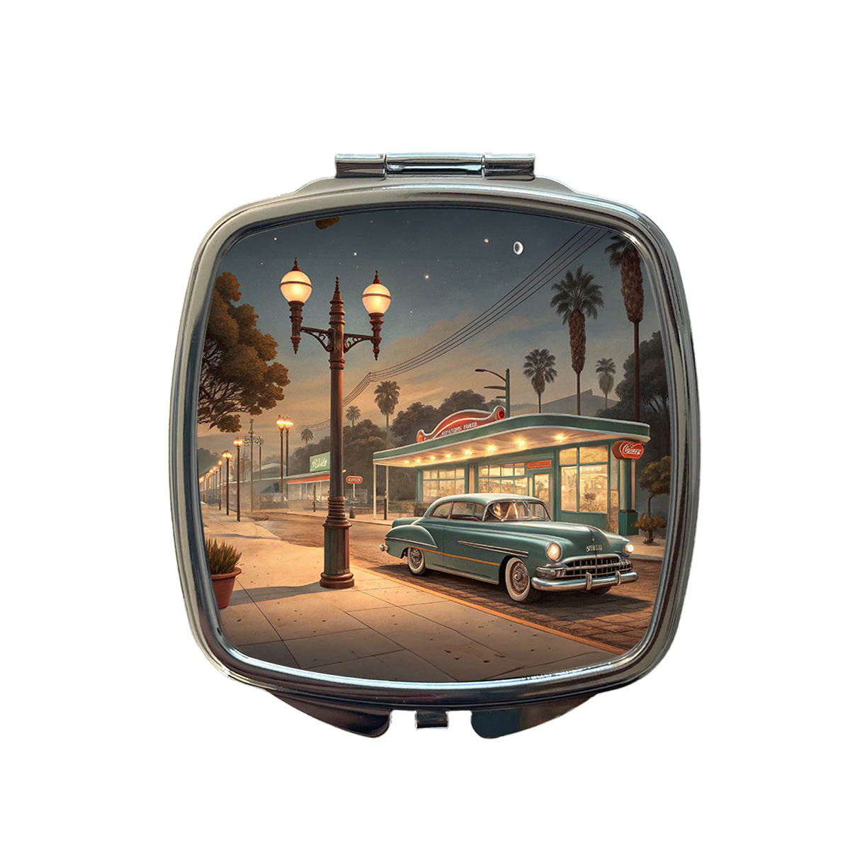 Retro Americana1950's Main Street Diner Small Travel Purse Handbag Pocket Makeup Compact Mirror