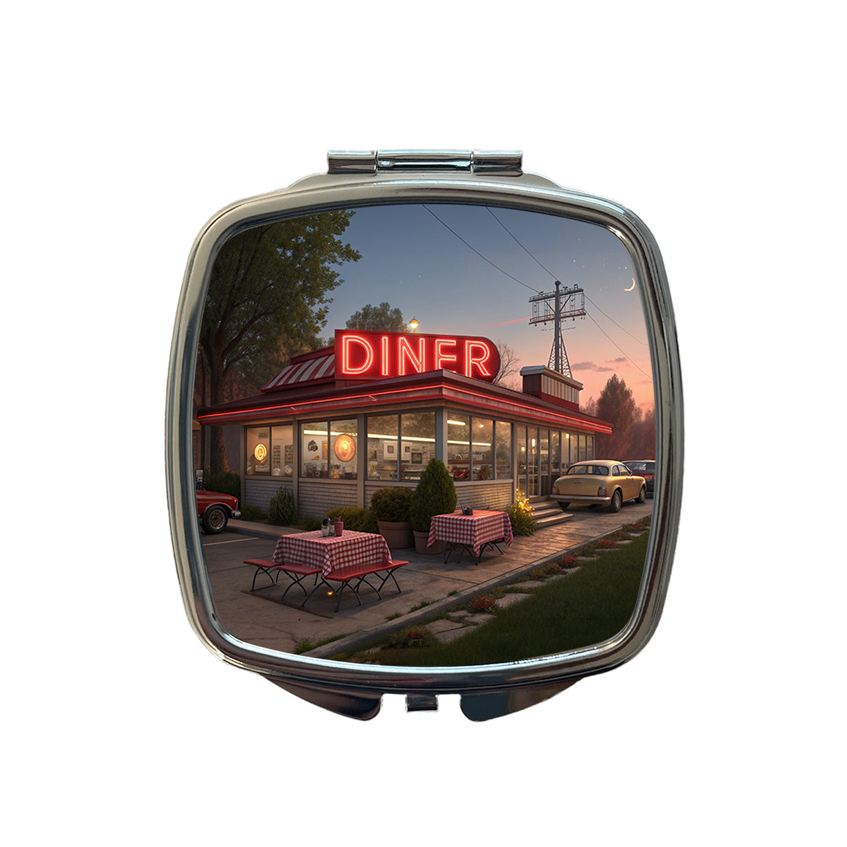 Retro Classic Roadside Dinner With Neon Sign Small Travel Purse Handbag Pocket Makeup Compact Mirror