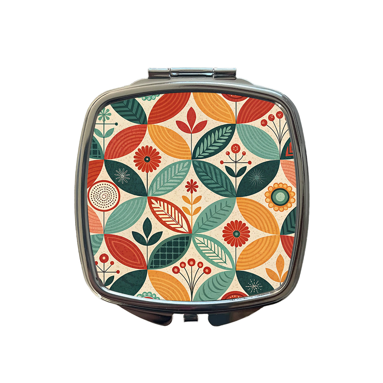 Retro Mid-Century Leaf Pattern Small Travel Purse Handbag Pocket Makeup Compact Mirror