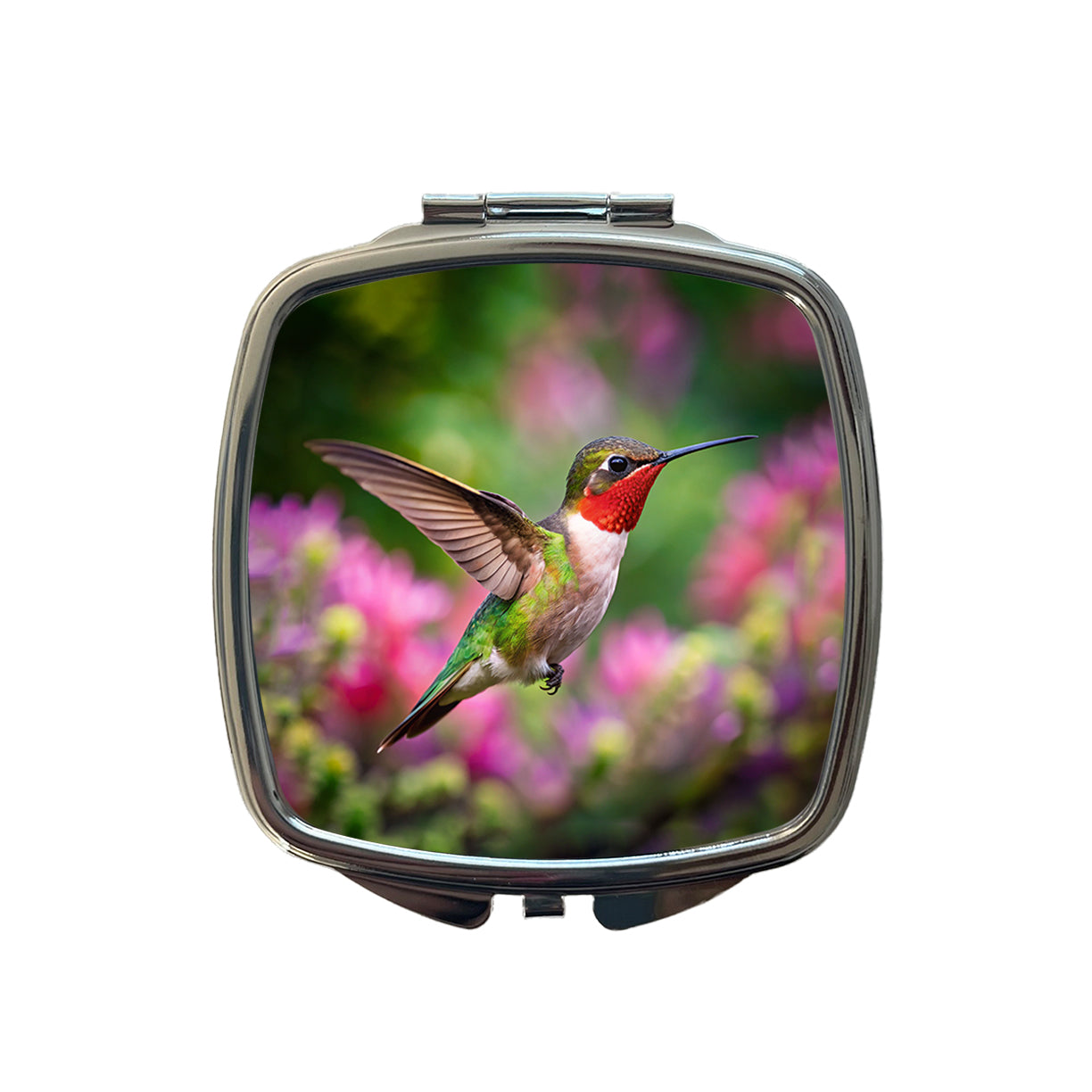 Ruby Throated Hummingbird Flying Backyard Bird Small Travel Purse Handbag Pocket Makeup Compact Mirror