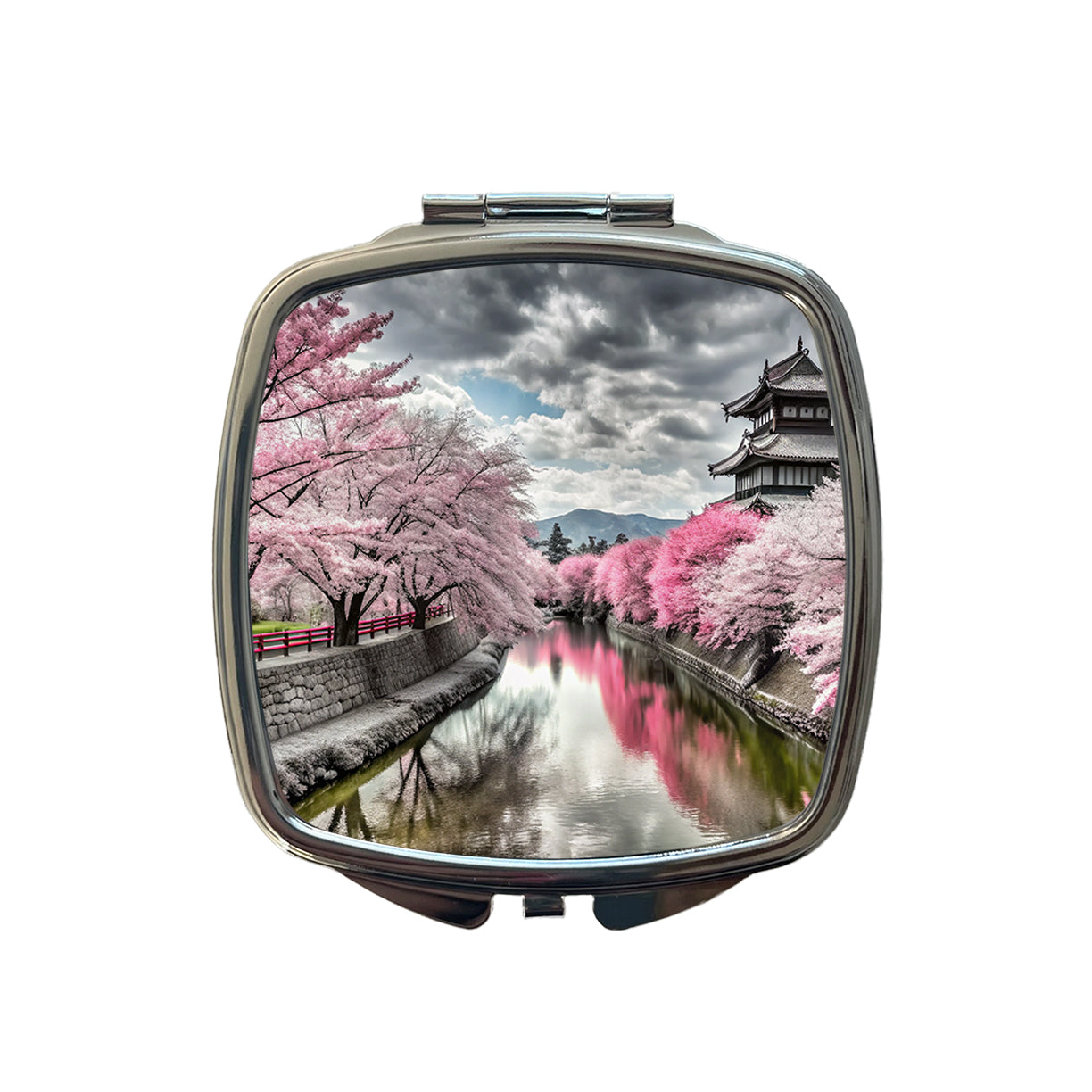 Sakura Trees Along River Japanese Scene Small Travel Purse Handbag Pocket Makeup Compact Mirror