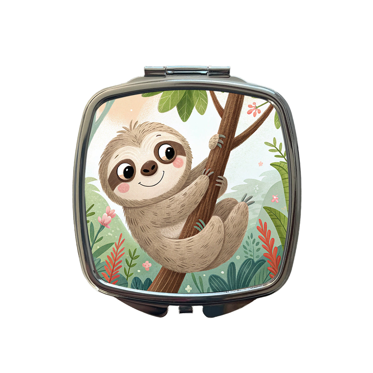 Sloth on Tree Children's Illustration Style Small Travel Purse Handbag Pocket Makeup Compact Mirror
